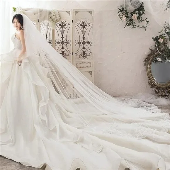 Wedding Veils Cathedral Length 2 Tier Long Sequins Lace Edge Blusher with Comb
